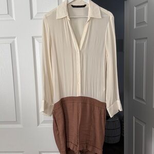 Cream and Brown Button-Up Jumpsuit Linen and Silk